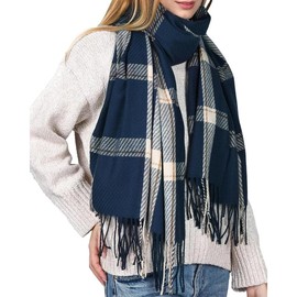 Winter Scarf for Women Shawl Cashmere Feel Tassel Plaid Large Oversized Scarves Wraps - Color: navy blue