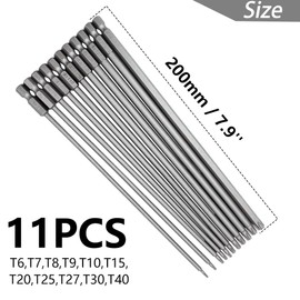 Saipe 11pcs 200mm Extra Long Torx Screwdriver Bit Set, Magnetic Torx Head Screwdriver Bits S2 Steel Star Screw Driver Drill Bits 1/4" Hex Shank Tamper Proof Security Torx Bit Set (T6-T40)