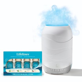 Lifelines 200 ML Waves Ultrasonic Diffuser with Cascading Mist + Crisp Mountain Air 4-Pack - 100% Pure Essential Oils & Sustainably Sources Botanicals - Natural - 7.5 ML Bottles