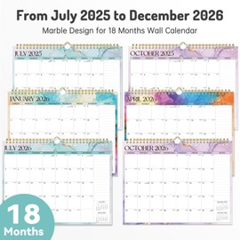 Aesthetic Calendar 2025-2026, 18-Month Wall Calendars, July 2025 to December 2026, 11" x 8.5" Monthly Planner Organizers with Stickers, Thick Paper Large Blocks, Twin-Wire Hanging for Fridge, Marble