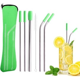 Conjunto de 6 Popotes de Acero Inoxidable con Bolsita de Tela y limpia popotes, Popotes Reusables con fundas de silicona, 6 mm/11mm Pajitas de Metal para Batidos (Verde)