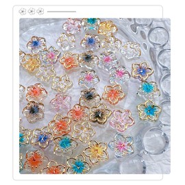 50Pcs Flower Nail Art Charms Clear 3D Flower Nail Supplies Gold Edge Floral Rhinestones Crystal Resin Mixed Colorful Flowers for Nails Spring Summer Nail Charms for Women Manicure Decoration DIY Craft