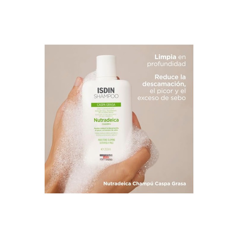 ISDIN Nutradeica Shampoo Anticaspa grasa, Reduce la Descamación, el Picor