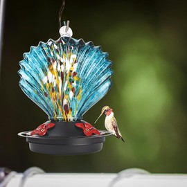 Qweno Seashell Shaped Hummingbird Feeder for Outdoors，Hand Blown Glass Hummingbird Feeders for Outdoors Hanging with 4 Feeding Ports，14 OZ Leak Proof Bird Feeder- Garden Decor Gifts for Women，Blue