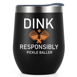 LiqCool Pickleball Dink Responsibly Wine Tumbler, Pickleball Gifts for Pickleball Lovers Players, Pickle Ball Gifts for Men Women Unique Birthday Christmas Fathers Mothers Day(12Oz, Black)