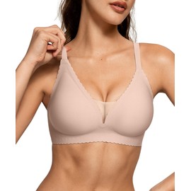 OEAK Comfort Bras for Women Wireless Non Wired Push Up Bralettes Soft V Neck lace Bra Scalloped Full Coverage Seamless Bra,Beige,M
