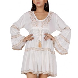 GURU SHOP Women's Embroidered Hippie Tunic Synthetic Crinkle Blouse, natural white