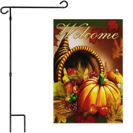 UD_G128 Combo Pack: Garden Flag Stand Black 36x16 Inch & Garden Flag Welcome Cornucopia with Pumpkin 12x18 Inch