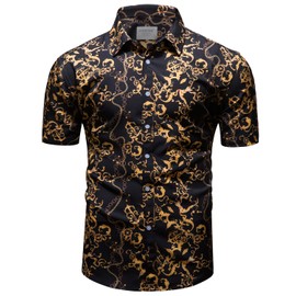 fohemr Mens Luxury Outfit Set Black Gold Shirts and Shorts Chain Print 2 Piece Tracksuit Set Baroque Button Down Hawaiian Suit with Bucket Hats Large