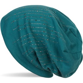 styleBREAKER 04024086 Women's Beanie Hat with Rhinestone Studs in Elegant Striped Design, Slouch Long Beanie, Fabric Hat, Plain, petrol