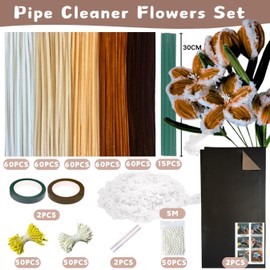 NafuXiaJJia 5-Color Retro Pipe Cleaner Flower Kit,300 Pcs Pipe Cleaners Craft,with 1 Roll Fluffy Yarn,50 Pearls,100 Flower Stamens,15 Floral Wire,2 Floral Tape,2 Wrapping Paper,Ribbon and Instruction