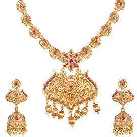 Bodha Traditional Indian HandcraftedAntique Gold Plated Temple Jewellery Combo Bridal Dulhan Necklace Set with Matching Earring for Women (SJ_2890)