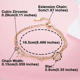 Gold Double Layered Bracelet Star CZ Titanium Steel Adjustable Link Chain Bracelet with 1.97" Extension Chain Birthday Valentine's Day Christmas Women Gift