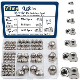 Vifmy 304 Stainless Steel Acorn Nuts Assortment Kit(135PCS),M3 M4 M5 M6 M8 M10 M12 Metric Hex Acorn Cap Nuts Sets, Cap nut for Bolt,Dome Head Hex Nuts for Indoor Outdoor