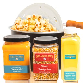 Franklin's Gourmet Popcorn - Movie Night Bundles - Stovepop Popcorn Maker, 28 oz Classic Popcorn Kernels, 19 oz Butter Flavored Salt, 30 oz Butter Flavored Coconut Oil