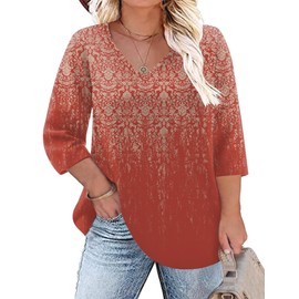 TFSDOD 2025 Fashion Trends 3/4 Length Sleeve Womens Tops Summer Shirts V Neck T Shirts Printed Red Gradient XXL