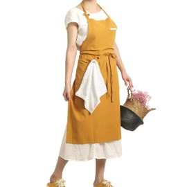 Pincy Soft Cotton Linen Apron - Retro Linen Art Apron, Adjustable Casual Apron with Towel, Great for Florist, Coffee House and Kitchen (Ginger)