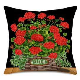 Qinqingo Red Geranium Flowers Pillow Covers 22"X22" Rustic Potted Plants with Welcome Words Throw Pillow Cases Cushion Cover for Outdoor Garden Chair Summer Decorative (Geranium, 22"X22")