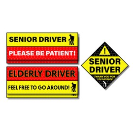 Senior Driver Please Be Patient Non - Magnetic Reflective Vinyl Sign Stickers, 5 Pack 9 x 3in & 5 x 5in, UV Resistant, Weatherproof, Waterproof, Elderly Driver Reflective Vinyl Signs for Vehicles & Automobiles.