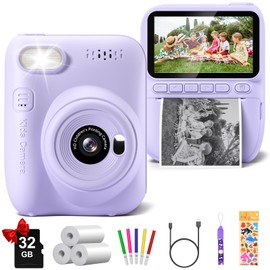 Kids Camera Instant Print, 3.0" HD 32MP Kids Camera Birthday Gifts for 3 4 5 6 7 8 9 10 11 12 Year Old Girls Boys Toddler, 1080P Digital Video Toy Camera with 32GB SD Card-Purple