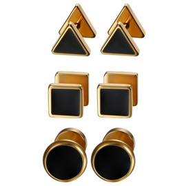 Aroncent 3 pairs men's stud earrings set stainless steel enamel round triangle square fake ear plugs tunnel piercing rose gold black