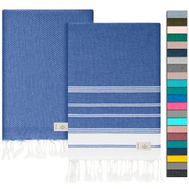NOUR Premium 100% Cotton Hammam Towel, Pack of 2, Large, 100 x 200 cm, Picnic Blanket, Sauna Towel & Beach Towel in One, Extra Light, Absorbent, Quick-Drying, Sand-Free (Blue)