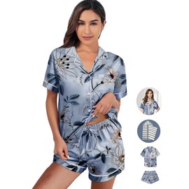 WJing Yi Jia Womens 3Pcs Satin Pajamas Set Floral Silk Pajama Sets Stripe Lounge Set Silky Sleepwear XS-2XL Pjs Long Scarves