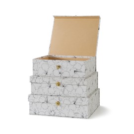 Soul & Lane Black and White Floral Cardboard Decorative Storage Boxes with Gold Hardware - Set of 3, Hibiscus Harmony - Stacking Boxes with Lids for Home Decor and Organizing, Elegant Design