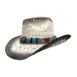 Women’s Western Straw Cowboy Hat Shapeable Brim Turquoise Beaded Hatband with Concho Sun Hat Rodeo Outdoor Wear, White & Black, One Size