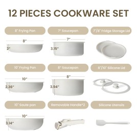 Simple Deluxe 12 Pcs Non-Stick Cookware Set, with Beige Granite Texture and Detachable Handles, Resistant to High Temperatures, Oven Safe, PFAS and PFOA Free