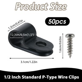 50 Pack 1/2 Inch Rope Light Clips Plastic P-Style Mounting Clips with Screws, Outdoor Cable Clamps Management Black Wire Clips Organizer for Light, Wall, Electric Wires