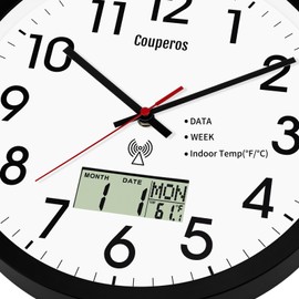 Couperos Analog Wall Clock,12inch Atomic Clock with LCD Display for Perpetual Calendar and F° Temperature,AUTO DST, Battery Operated,Modern Style fits Any Decor