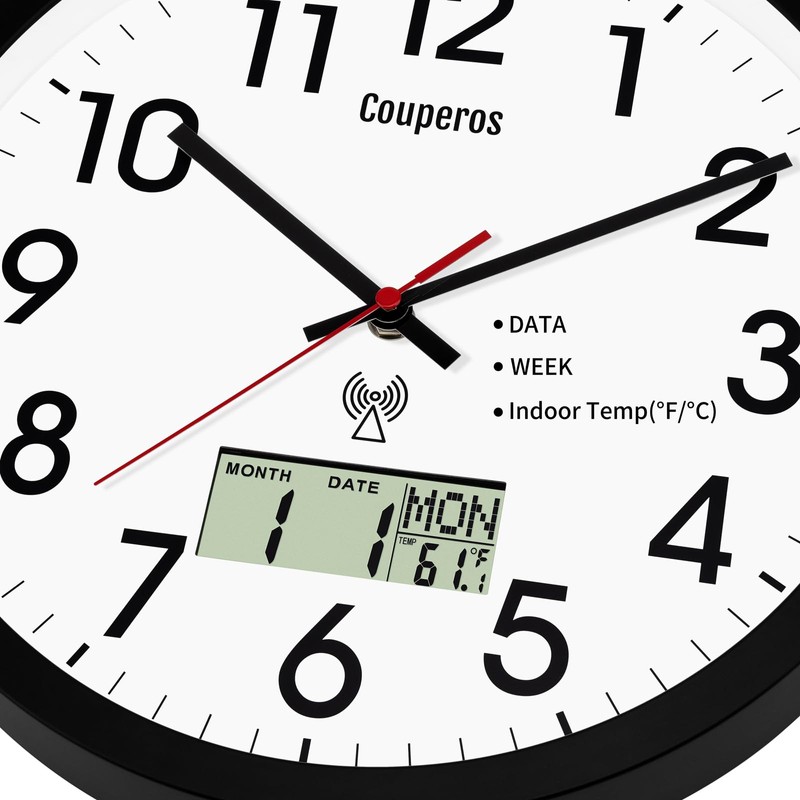 Couperos Analog Wall Clock,12inch Atomic Clock with LCD Display for