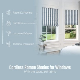 Everyday Celebration Roman Shades for Windows, Cordless Room Darkening Roman Window Shades, Pull Down Yarn-Dyed Vertical Stripe Window, Indoor Blinds & Shades with Woven Fabric, 34" W X 64" H, (Blue)