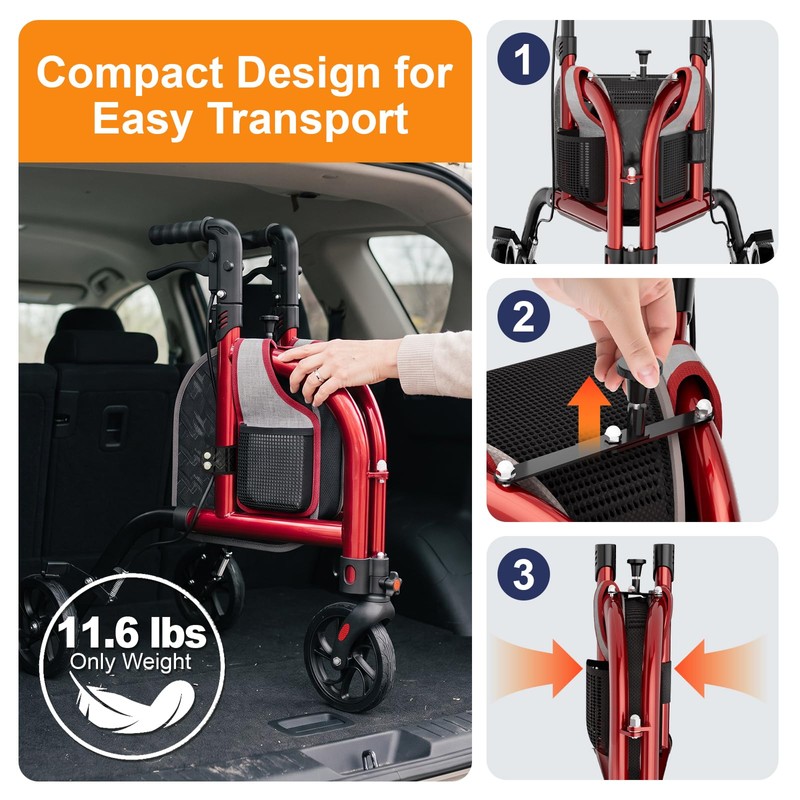 3 Wheels Walkers for Seniors, Narrow Foldable Three Wheels Rollator