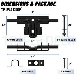 TRIPLE DEER Heavy Duty Sliding Bolt Gate Latch with Padlock Hole & Carriage Bolt, Slide Bolt Hardware for Wooden Fence/Yard Fence/Shed Door/Barn Door, Black, 1 Pack