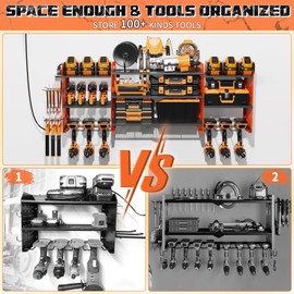 45" Large Power Tool Organizer Wall Mount with Charging Station - 3 Layer Storage Racks with 8 Cordless Drill Holder, 4 Hooks, Heavy Duty Garage Tool Organizer Storage for Workshop Pegboard Basement