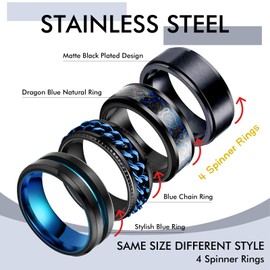 4Pcs Mens Rings Set Anxiety Spinner Chain Sandblasted Rotation Fidget Band Cool Bicycle Hip Hop Stainless Steel Male Jewelry 12