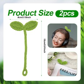 2pcs Knitted Crochet Leaf Sprout, Handmade Crochet Plant Bookmark Green Sprout Crochet Ornament Knitted Bookmark Decorative Leaf Embellishment for Cable Tie, Headphone Accessory