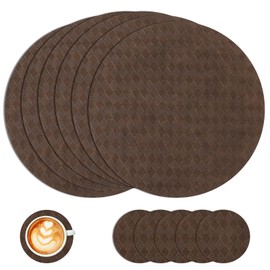 SHACOS Faux Leather 13 inch Round Placemats Set of 6 with Coasters Waterproof Heatproof Embossed Lattice Table Mats Anti Slip Wipe Clean Place Mats Table Decor, Chocolate
