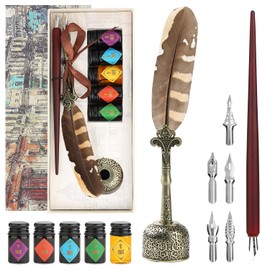 GC QUILL Feather Quill Calligraphy Pen & Wooden Dip Pen and Ink Set, Includes 7 Nibs, 5 Ink Bottles, Pen Holder – Antique Writing Gift Set for Beginners, Artists, and Students - MU-22