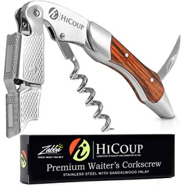 Hicoup Wine Opener - Professional Corkscrews for Wine Bottles w/Foil Cutter and Cap Remover - Manual Wine Key for Servers, Waiters, Bartenders and Home Use - Stainless Steel With Sandalwood