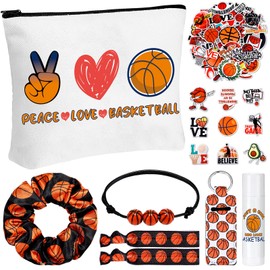 Seenelling 56 Pcs Simple Basketball Stuff Inspirational Gifts for Women Goodie Bag Stuffers Makeup Bag Hair Ties Hair Scrunchies Bracelets Stickers Sport Party Accessories