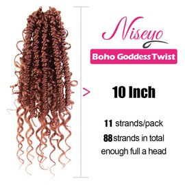 NISEYO Goddess Passion Twist Crochet Hair with Curly Ends 10 Inch, 8 Packs Boho Style Crochet Passion Twist Hair Pre looped, Short Pre-twisted Boho Braids (350#,Ginger Red)
