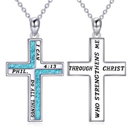 AXOMY Turquoise Cross necklace 925 Sterling Silver Cross Necklace Strength Bible Verse Cross Pendant Jewelry Gifts for Women