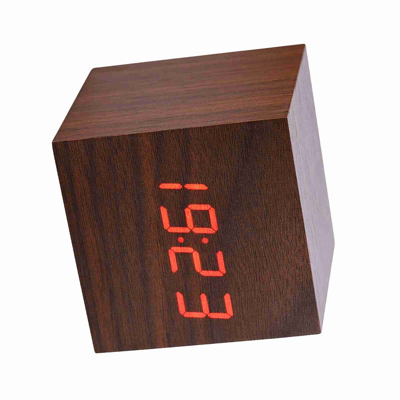 6x6x6cm Wooden Electronic Digital Alarm Desk Clock Temperature LED Display