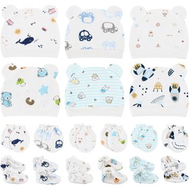 Geyoga 18 Pcs Baby Hats Mittens and Socks Set Newborn Mittens No Scratch Baby Hats and Newborn Socks for 0-6 Months(Boy) Colorful