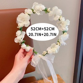 yuruyi Adjustable Flower Crown Headband for Women - Floral Garland Hair Wreath with Crystal Accents Perfect for Weddings Flower Wands Photo Props (White Flower Green, Adjustable)
