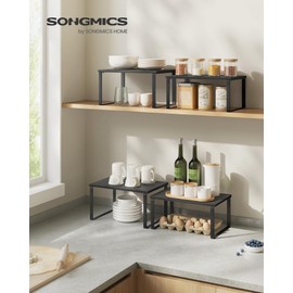 SONGMICS Cabinet Organizer Shelf, Set of 2 Kitchen Counter Shelves, Kitchen Storage, Spice Rack, Stackable, Expandable, Metal and Engineered Wood, Ink Black and Charcoal Black UKCS02B01