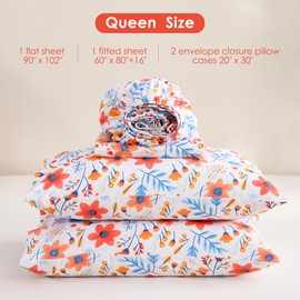 JSD Blue Watercolor Floral Sheet Set Queen Size, 4 Piece Printed Microfiber Bed Sheets Deep Pocket